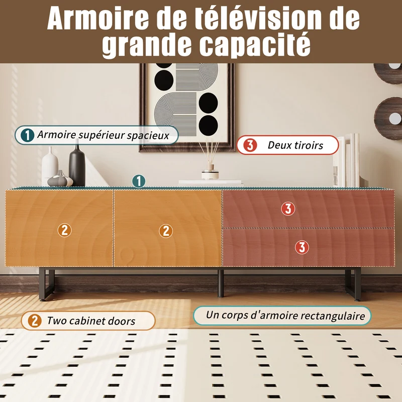 Meuble TV scandinave effet bois naturel relief 3D 180x38x51,5cm NIMBUSIRE