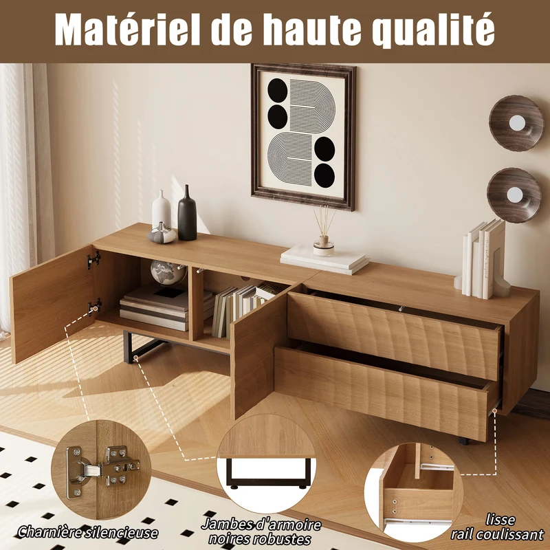 Meuble TV scandinave effet bois naturel relief 3D 180x38x51,5cm NIMBUSIRE