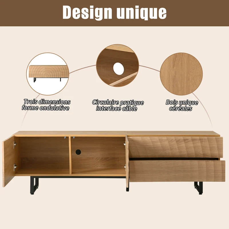 Meuble TV scandinave effet bois naturel relief 3D 180x38x51,5cm NIMBUSIRE
