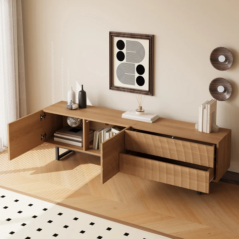 Meuble TV scandinave effet bois naturel relief 3D 180x38x51,5cm NIMBUSIRE