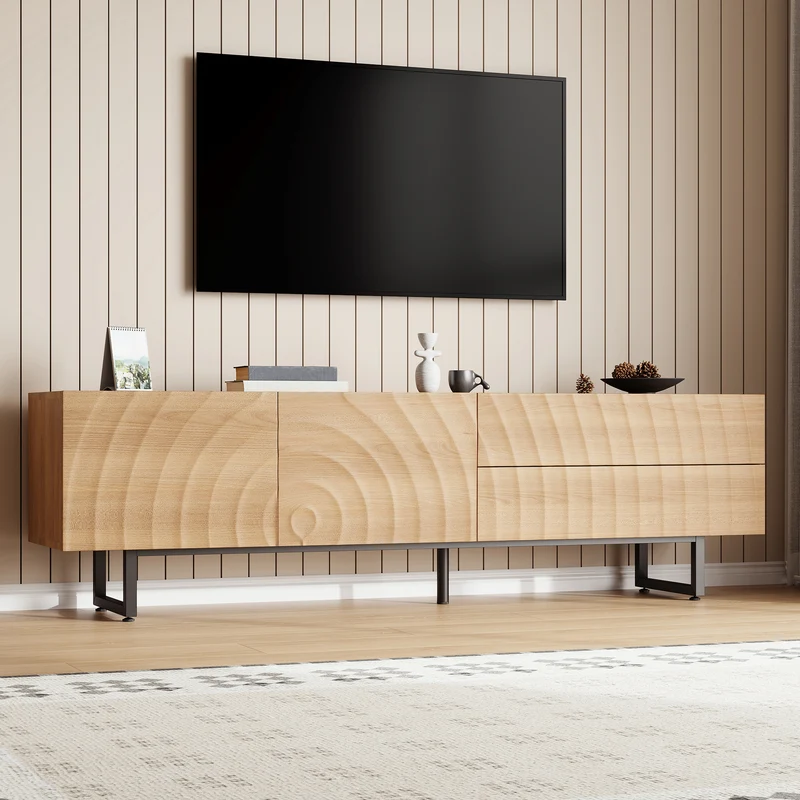 Meuble TV scandinave effet bois naturel relief 3D 180x38x51,5cm NIMBUSIRE