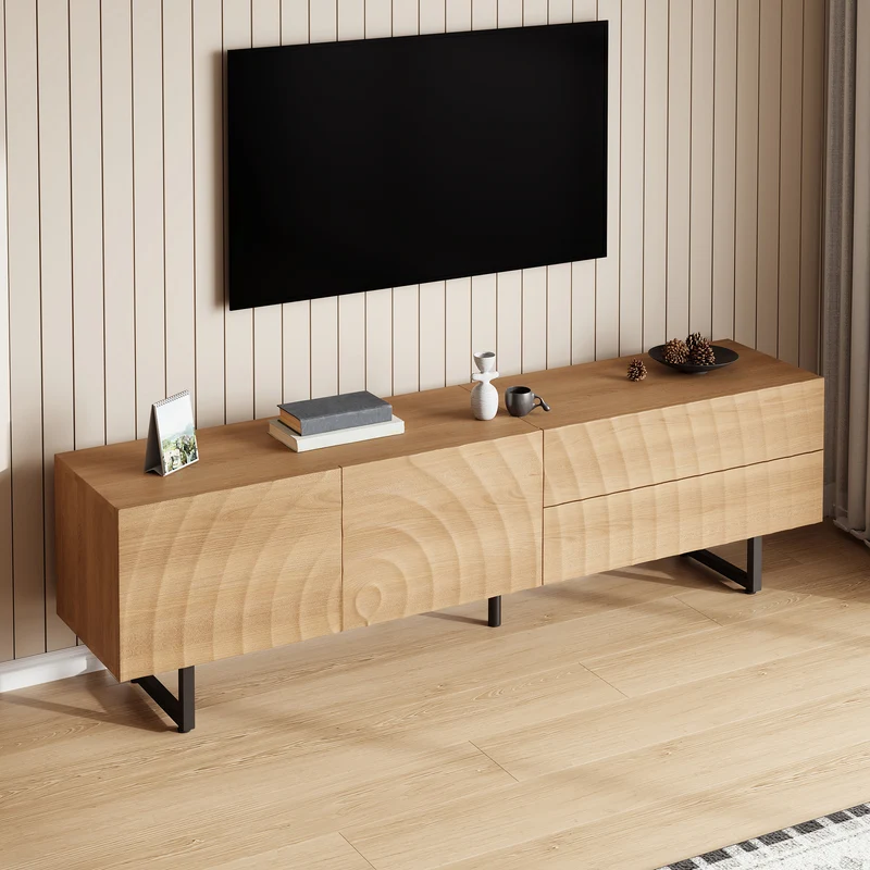 Meuble TV scandinave effet bois naturel relief 3D 180x38x51,5cm NIMBUSIRE