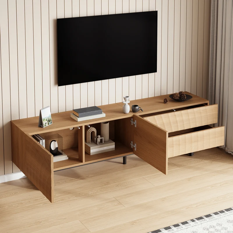 Meuble TV scandinave effet bois naturel relief 3D 180x38x51,5cm NIMBUSIRE