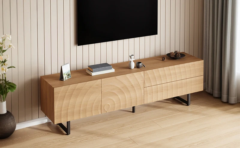 Meuble TV scandinave effet bois naturel relief 3D 180x38x51,5cm NIMBUSIRE