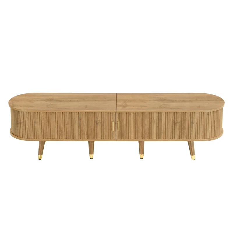 Meuble TV effet bois clair avec portes coulissantes et accents dorés 175x38x45 cm SUNPILLAR