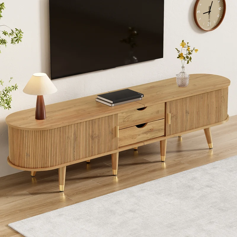 Meuble TV effet bois clair avec portes coulissantes et accents dorés 175x38x45 cm SUNPILLAR
