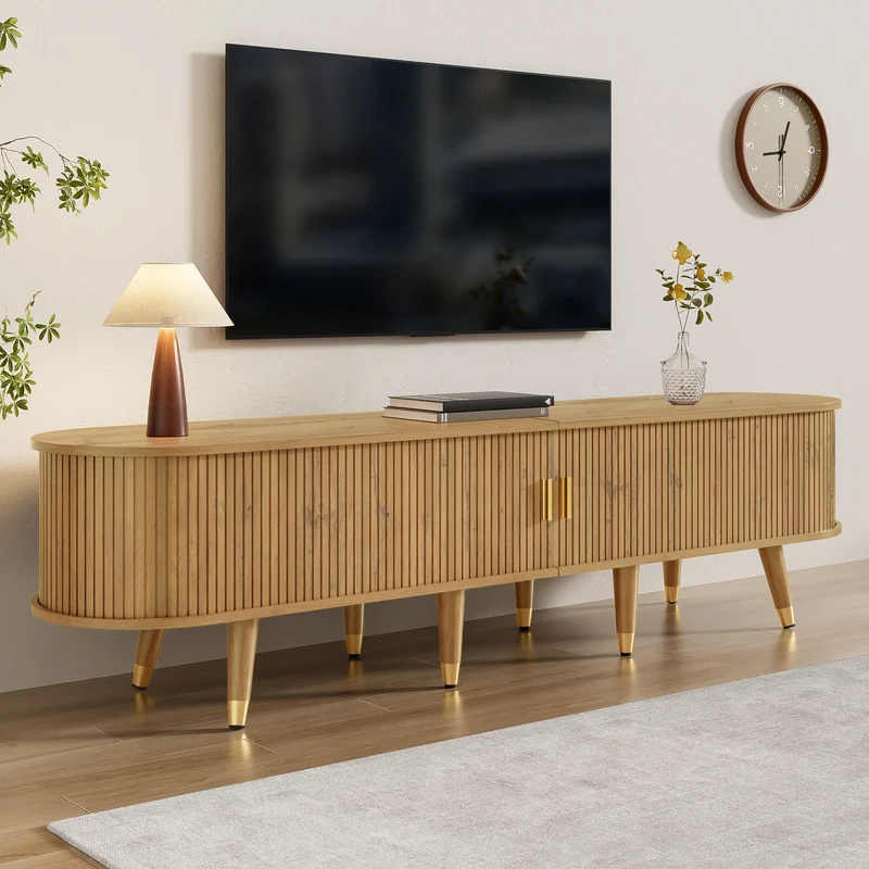 Meuble TV effet bois clair avec portes coulissantes et accents dorés 175x38x45 cm SUNPILLAR