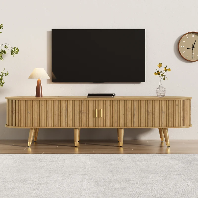 Meuble TV effet bois clair avec portes coulissantes et accents dorés 175x38x45 cm SUNPILLAR
