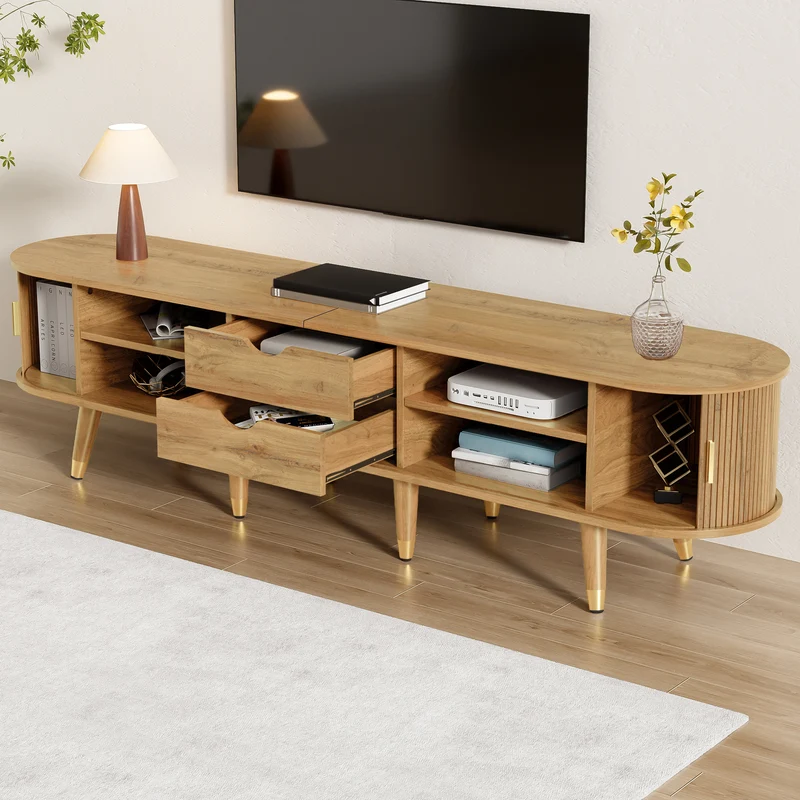 Meuble TV effet bois clair avec portes coulissantes et accents dorés 175x38x45 cm SUNPILLAR