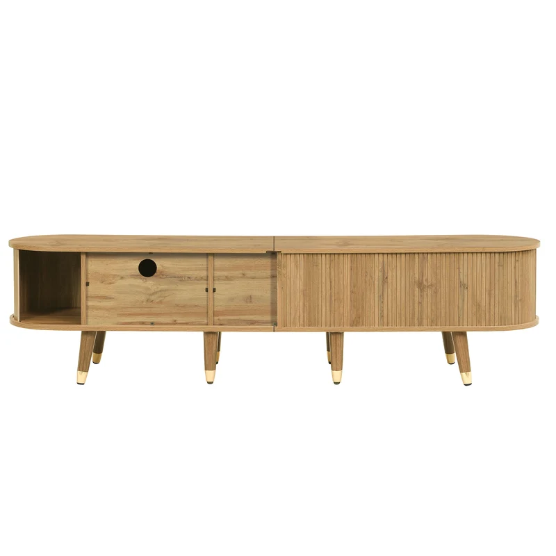 Meuble TV effet bois clair avec portes coulissantes et accents dorés 175x38x45 cm SUNPILLAR