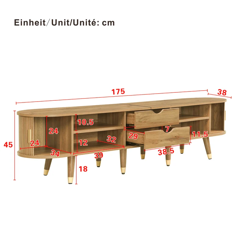 Meuble TV effet bois clair avec portes coulissantes et accents dorés 175x38x45 cm SUNPILLAR