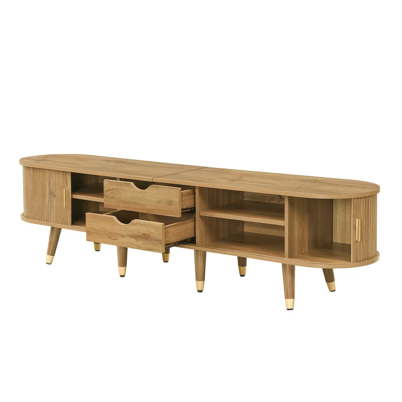 Meuble TV effet bois clair avec portes coulissantes et accents dorés 175x38x45 cm SUNPILLAR