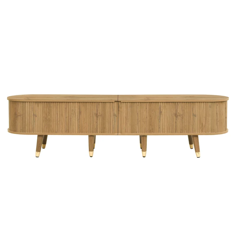 Meuble TV effet bois clair avec portes coulissantes et accents dorés 175x38x45 cm SUNPILLAR