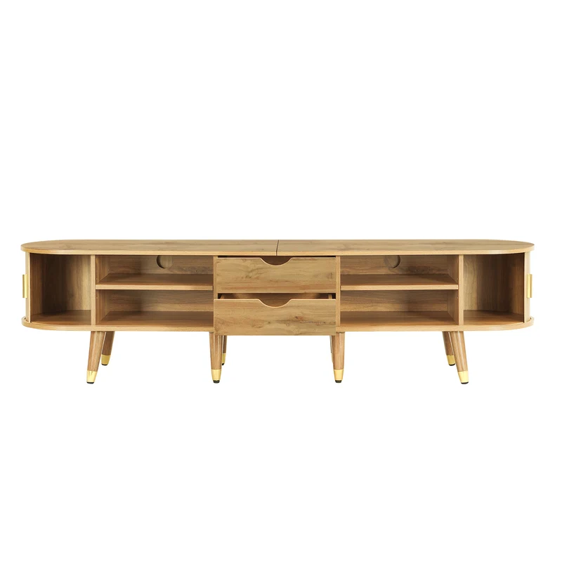Meuble TV effet bois clair avec portes coulissantes et accents dorés 175x38x45 cm SUNPILLAR