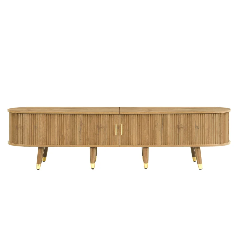 Meuble TV effet bois clair avec portes coulissantes et accents dorés 175x38x45 cm SUNPILLAR
