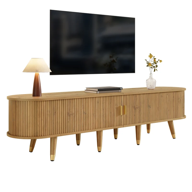 Meuble TV effet bois clair avec portes coulissantes et accents dorés 175x38x45 cm SUNPILLAR