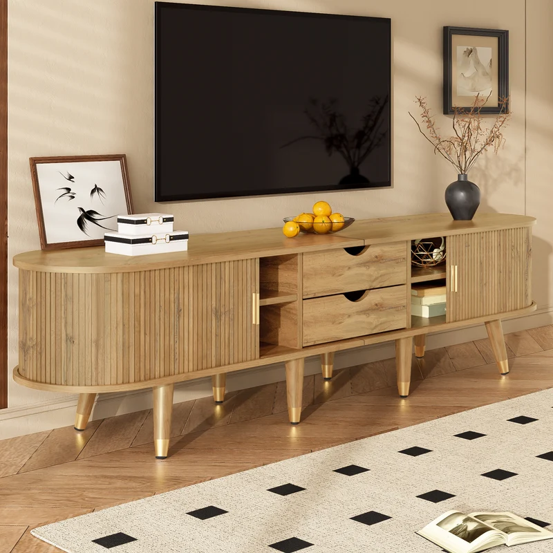 Meuble TV effet bois clair avec portes coulissantes et accents dorés 175x38x45 cm SUNPILLAR