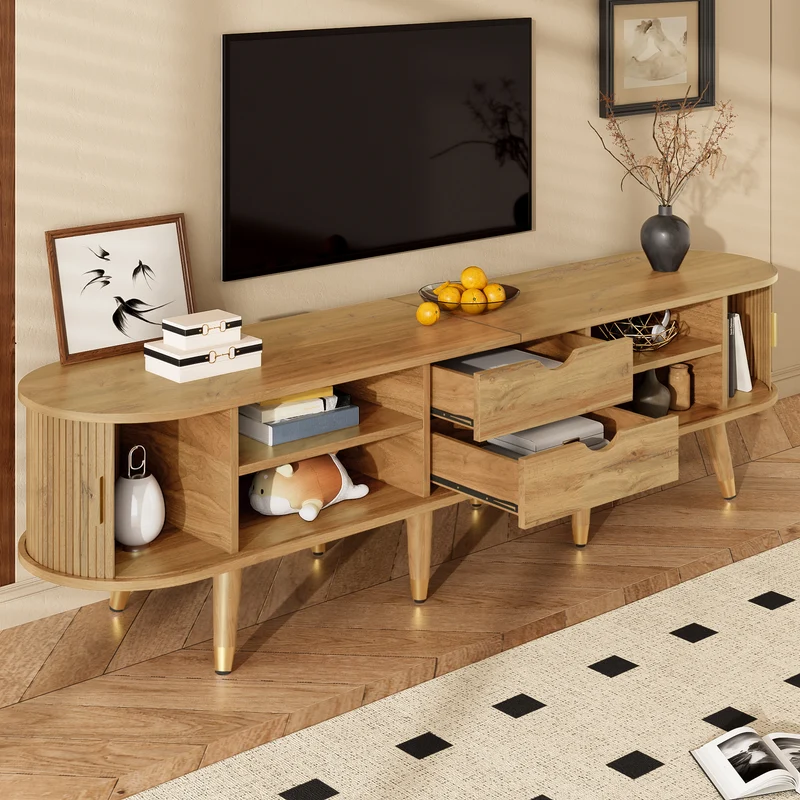 Meuble TV effet bois clair avec portes coulissantes et accents dorés 175x38x45 cm SUNPILLAR