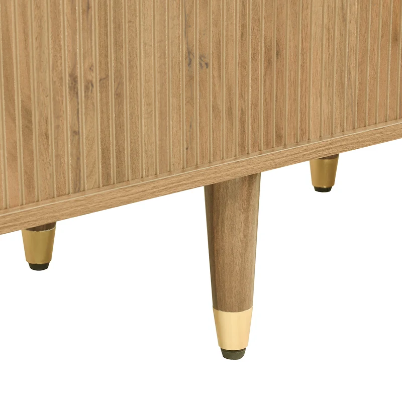 Meuble TV effet bois clair avec portes coulissantes et accents dorés 175x38x45 cm SUNPILLAR