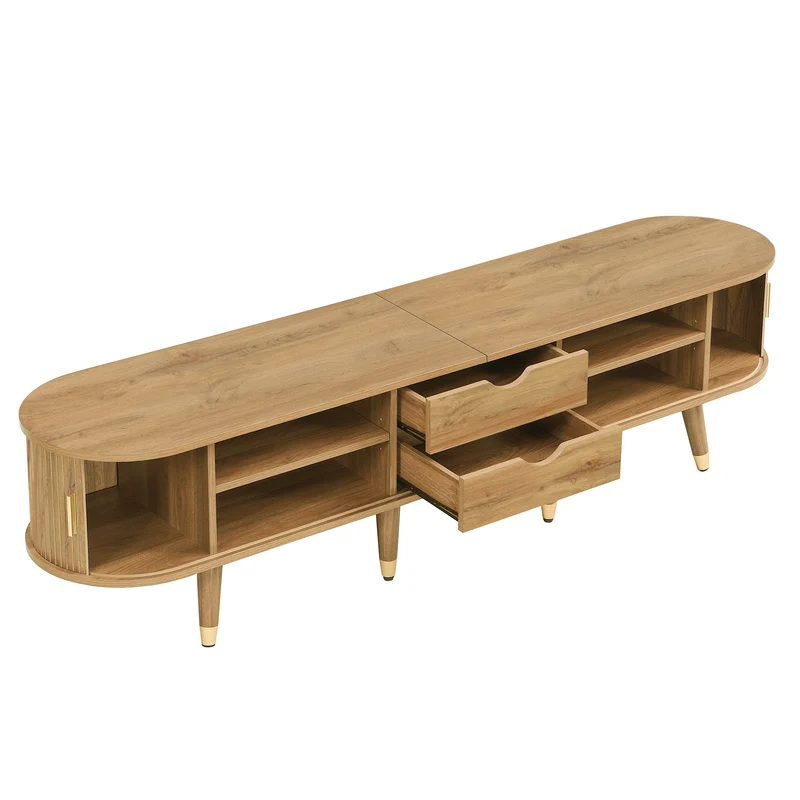 Meuble TV effet bois clair avec portes coulissantes et accents dorés 175x38x45 cm SUNPILLAR