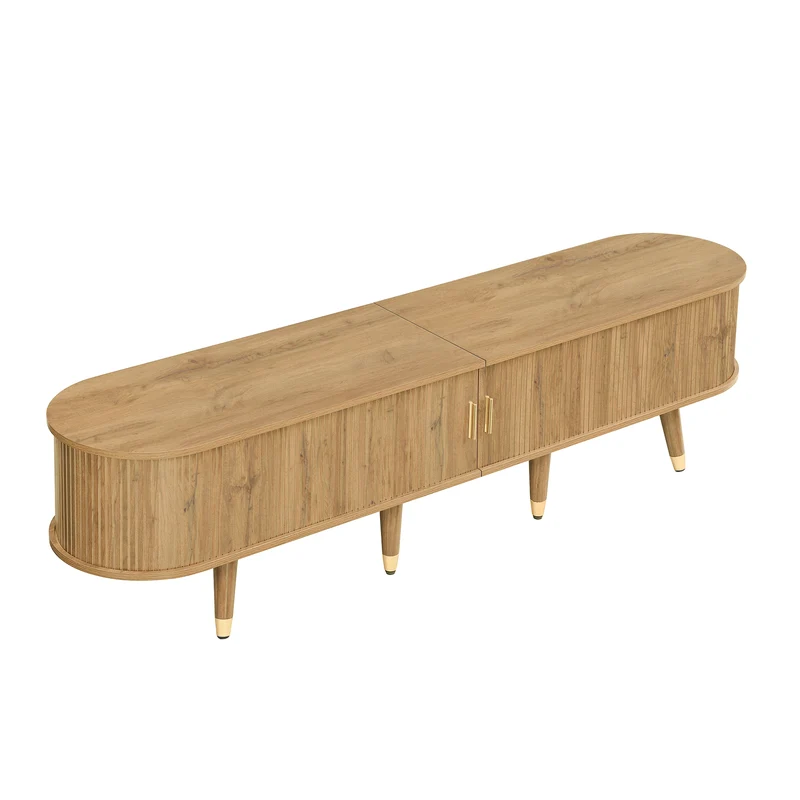 Meuble TV effet bois clair avec portes coulissantes et accents dorés 175x38x45 cm SUNPILLAR