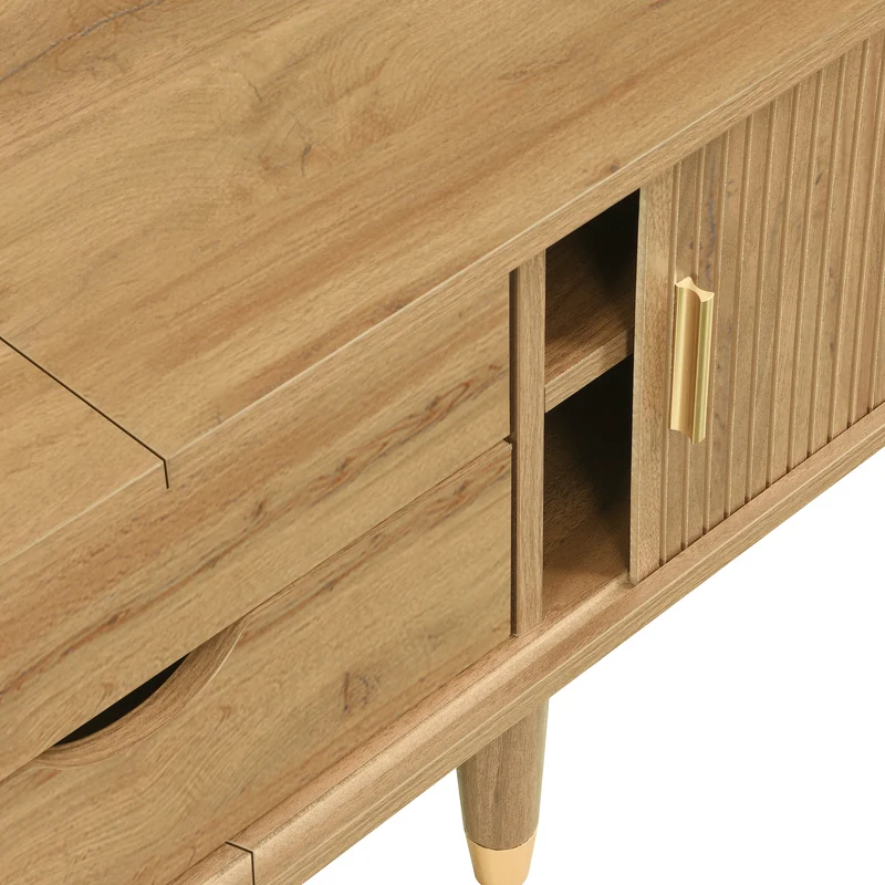Meuble TV effet bois clair avec portes coulissantes et accents dorés 175x38x45 cm SUNPILLAR