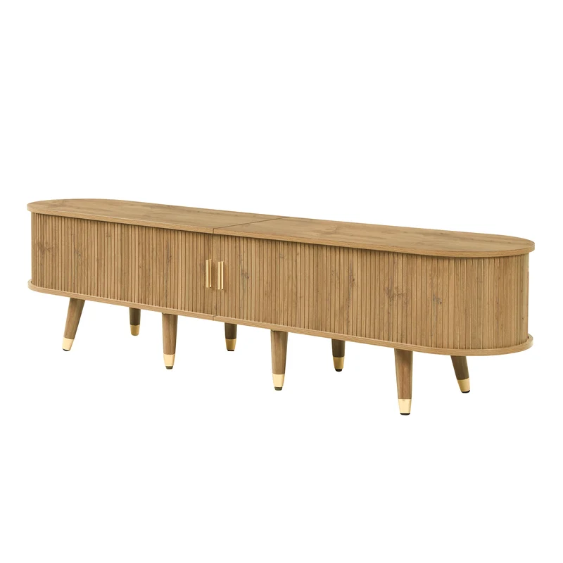 Meuble TV effet bois clair avec portes coulissantes et accents dorés 175x38x45 cm SUNPILLAR