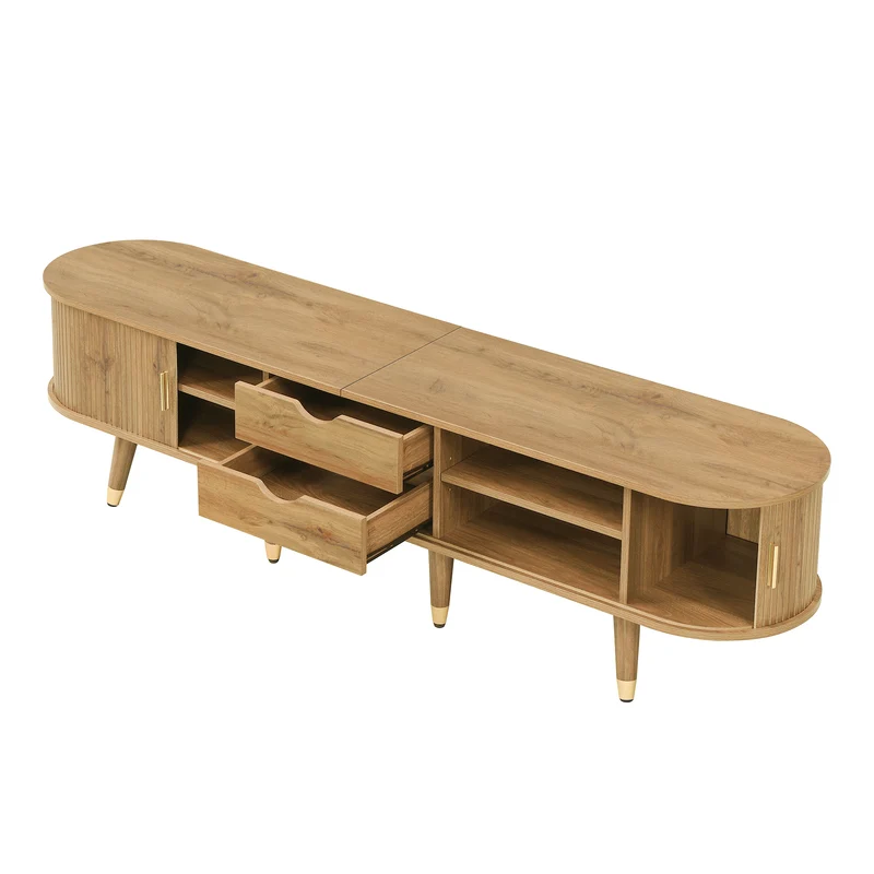 Meuble TV effet bois clair avec portes coulissantes et accents dorés 175x38x45 cm SUNPILLAR