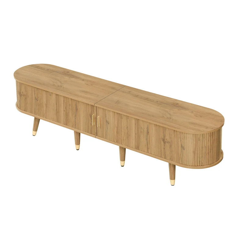 Meuble TV effet bois clair avec portes coulissantes et accents dorés 175x38x45 cm SUNPILLAR