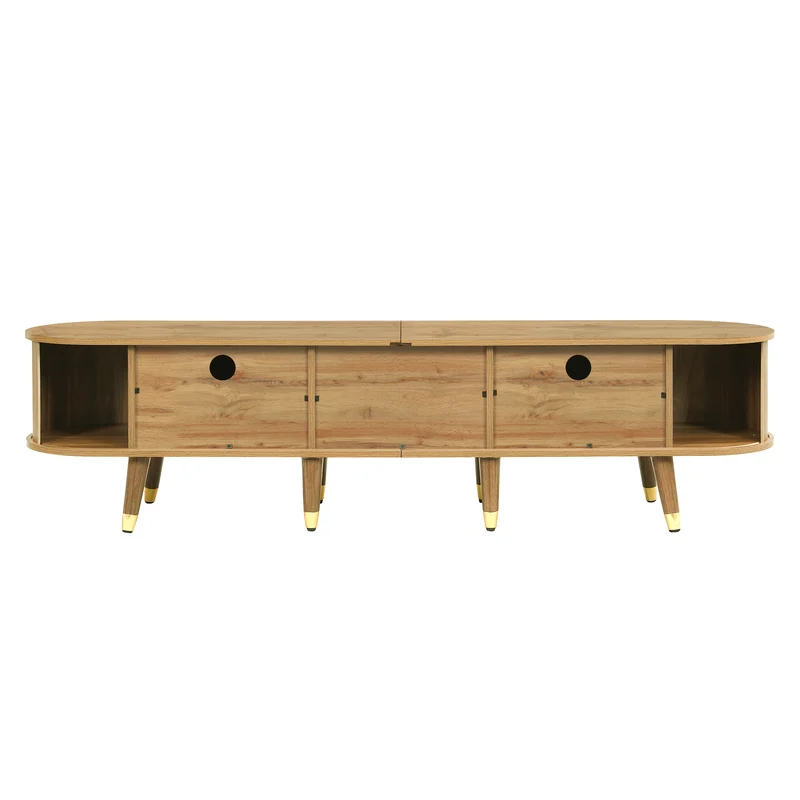 Meuble TV effet bois clair avec portes coulissantes et accents dorés 175x38x45 cm SUNPILLAR