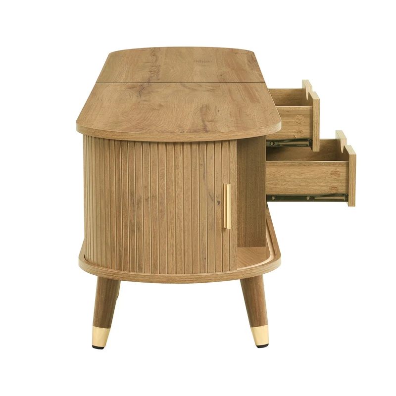 Meuble TV effet bois clair avec portes coulissantes et accents dorés 175x38x45 cm SUNPILLAR