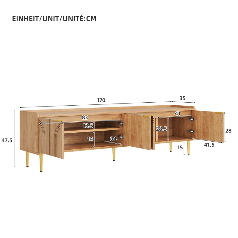 Meuble TV bas design bois naturel 170 cm, portes sculptées 3D, poignées et pieds dorés SOLIFLUCFLOW