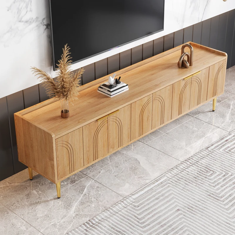 Meuble TV bas design bois naturel 170 cm, portes sculptées 3D, poignées et pieds dorés SOLIFLUCFLOW