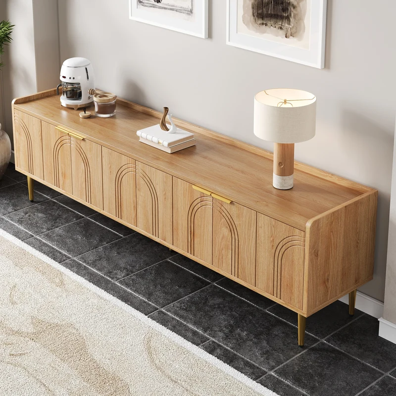 Meuble TV bas design bois naturel 170 cm, portes sculptées 3D, poignées et pieds dorés SOLIFLUCFLOW