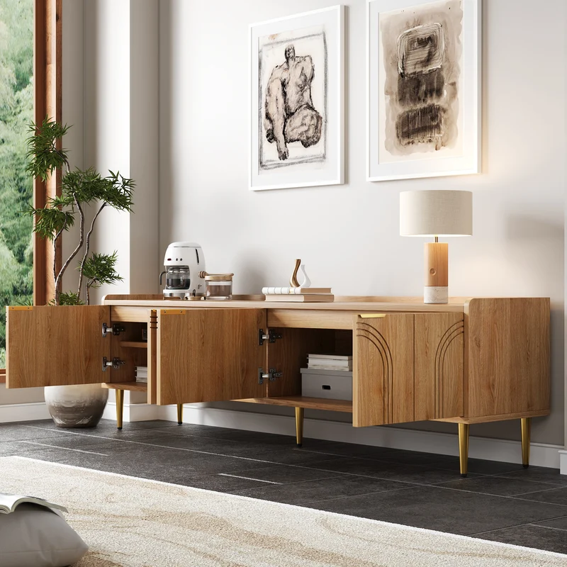 Meuble TV bas design bois naturel 170 cm, portes sculptées 3D, poignées et pieds dorés SOLIFLUCFLOW