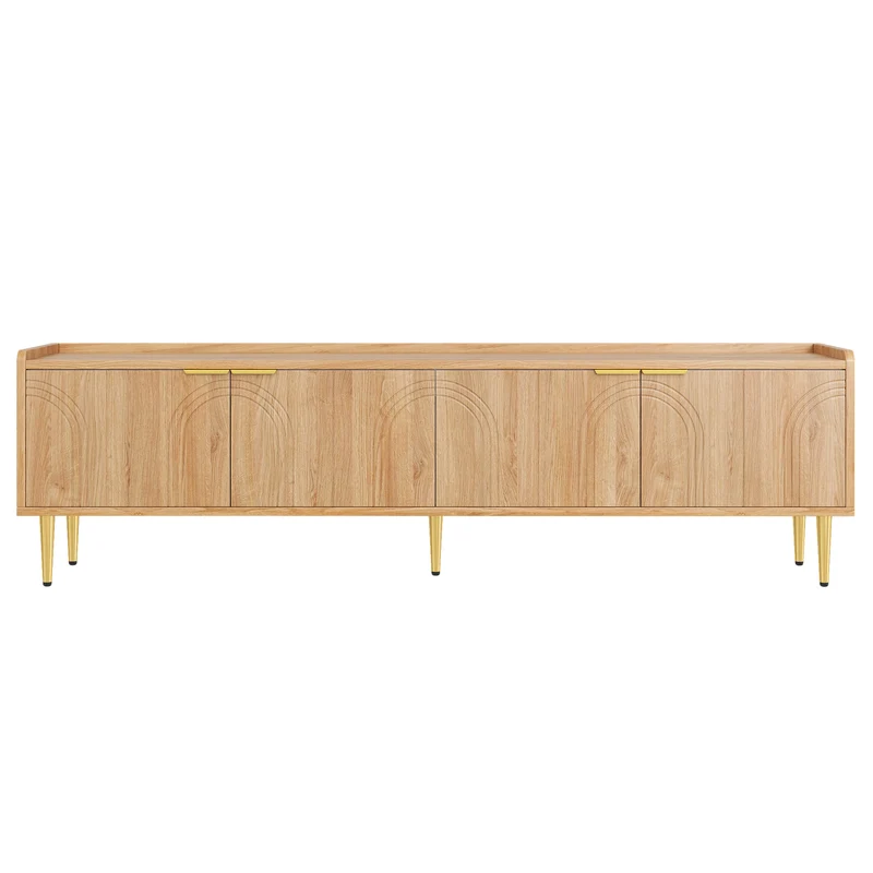 Meuble TV bas design bois naturel 170 cm, portes sculptées 3D, poignées et pieds dorés SOLIFLUCFLOW