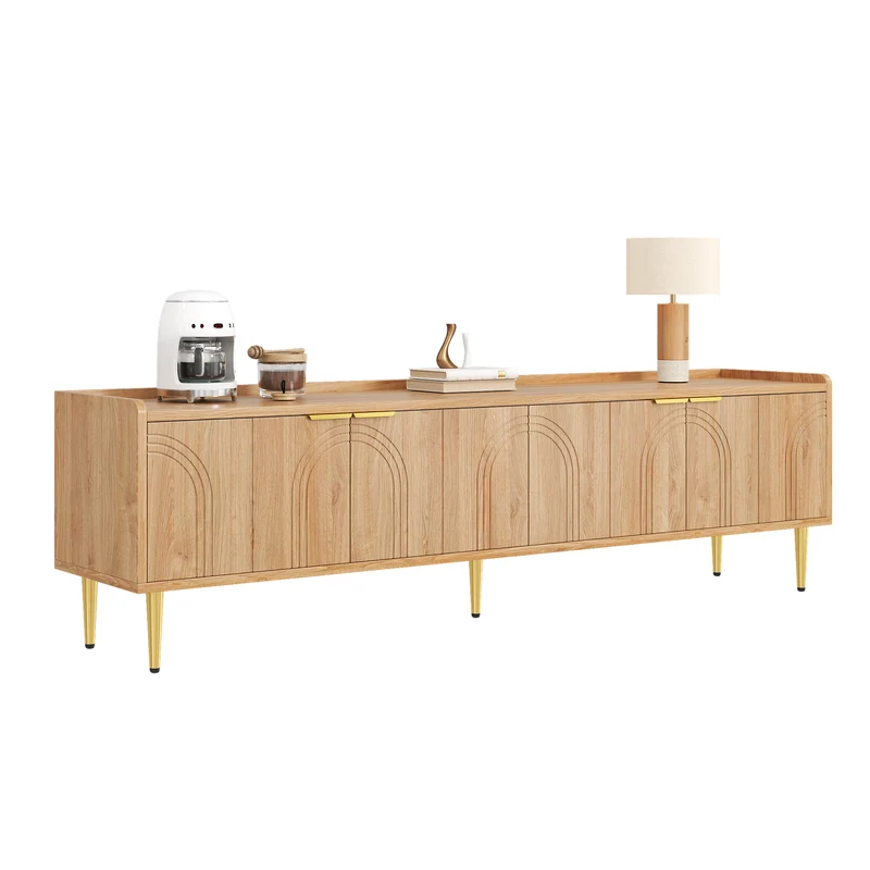 Meuble TV bas design bois naturel 170 cm, portes sculptées 3D, poignées et pieds dorés SOLIFLUCFLOW
