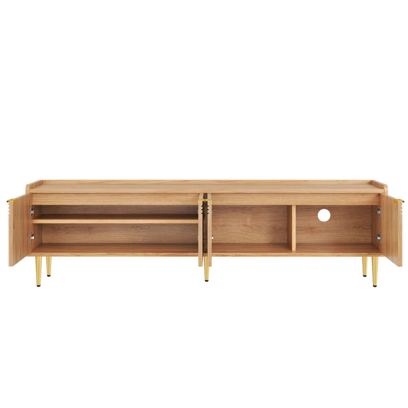 Meuble TV bas design bois naturel 170 cm, portes sculptées 3D, poignées et pieds dorés SOLIFLUCFLOW
