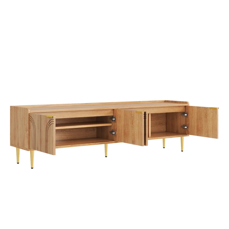 Meuble TV bas design bois naturel 170 cm, portes sculptées 3D, poignées et pieds dorés SOLIFLUCFLOW