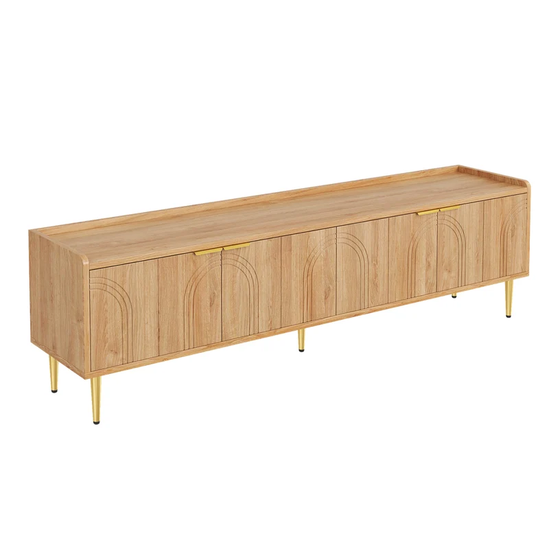 Meuble TV bas design bois naturel 170 cm, portes sculptées 3D, poignées et pieds dorés SOLIFLUCFLOW