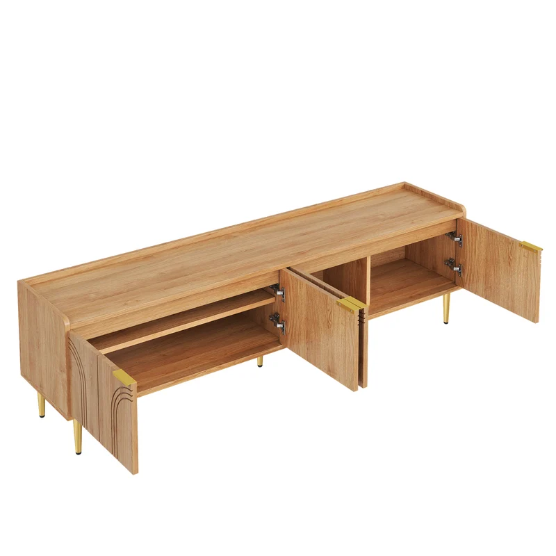 Meuble TV bas design bois naturel 170 cm, portes sculptées 3D, poignées et pieds dorés SOLIFLUCFLOW