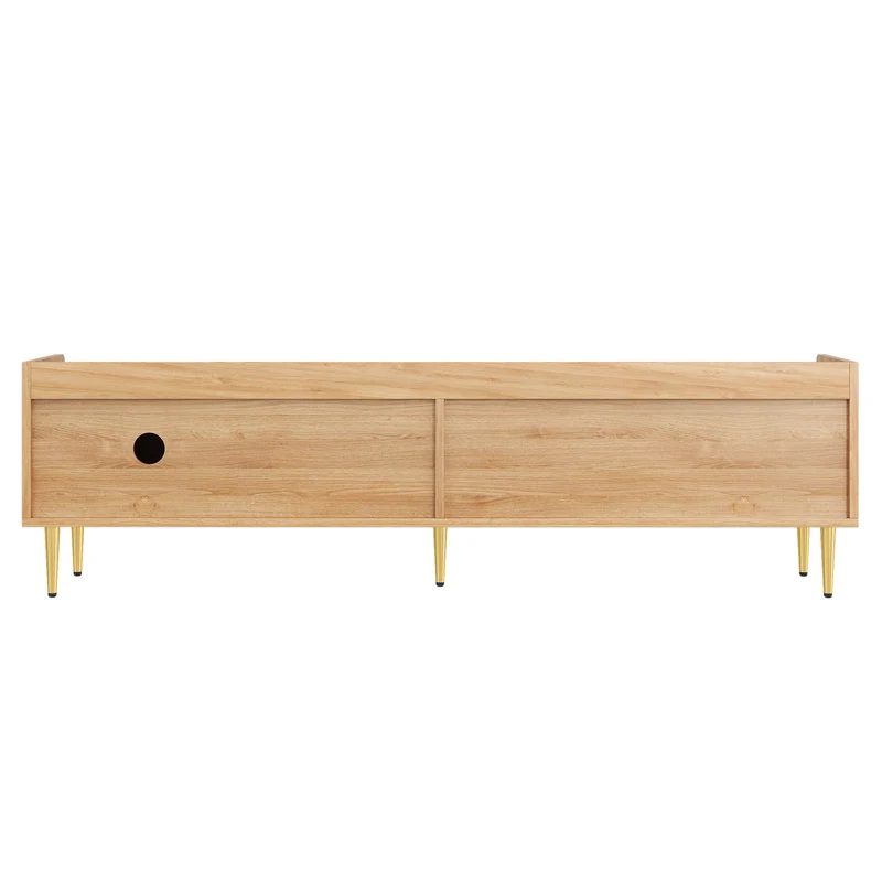 Meuble TV bas design bois naturel 170 cm, portes sculptées 3D, poignées et pieds dorés SOLIFLUCFLOW
