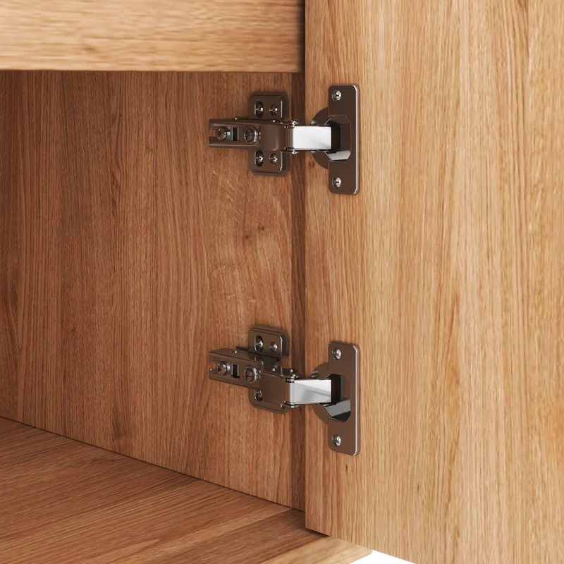Meuble TV bas design bois naturel 170 cm, portes sculptées 3D, poignées et pieds dorés SOLIFLUCFLOW