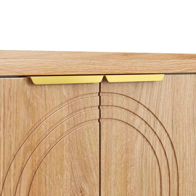Meuble TV bas design bois naturel 170 cm, portes sculptées 3D, poignées et pieds dorés SOLIFLUCFLOW