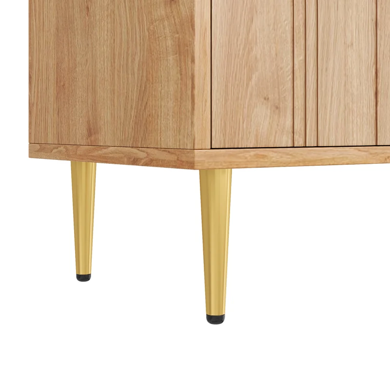 Meuble TV bas design bois naturel 170 cm, portes sculptées 3D, poignées et pieds dorés SOLIFLUCFLOW