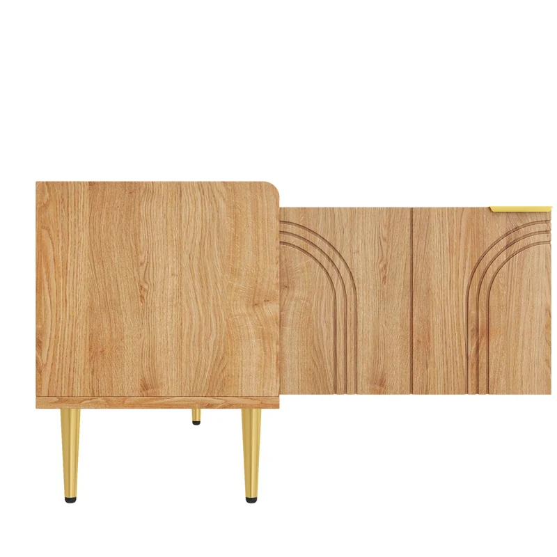 Meuble TV bas design bois naturel 170 cm, portes sculptées 3D, poignées et pieds dorés SOLIFLUCFLOW