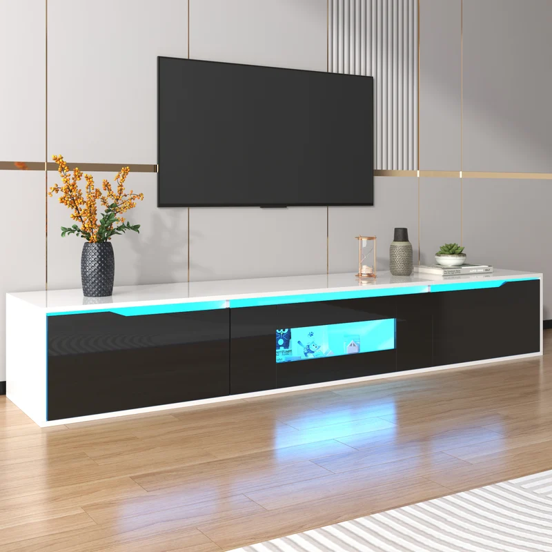Meuble TV haute brillance noir et blanc avec éclairage LED à couleur changeante portes Push-to-Open 180*30 GOKAINS