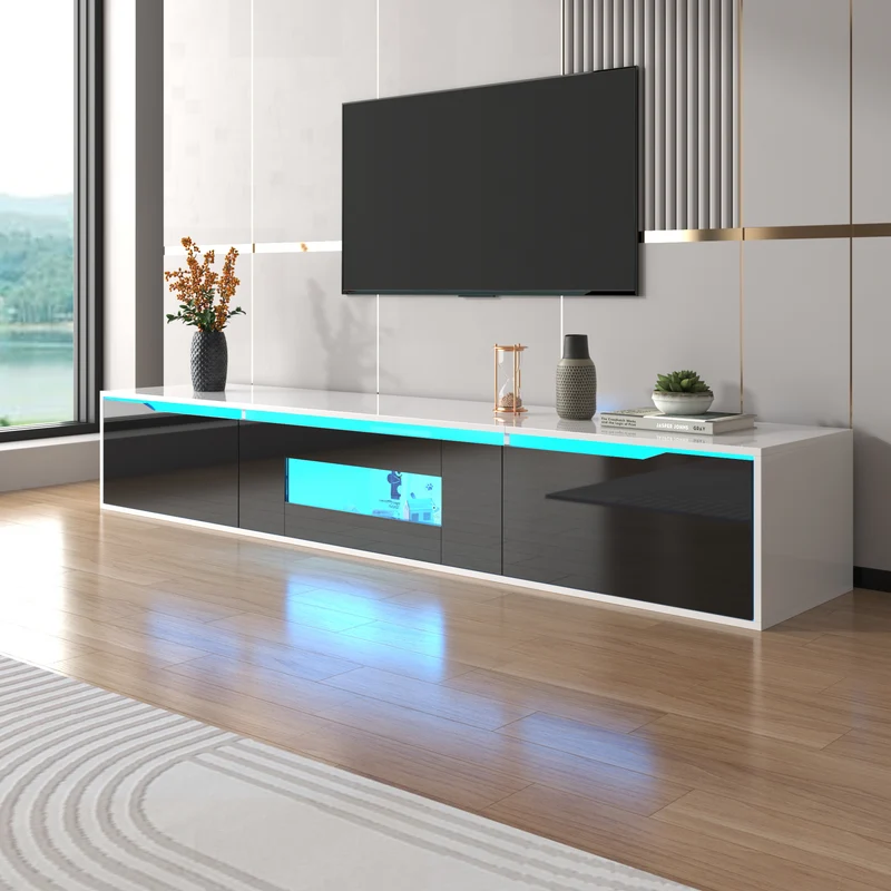 Meuble TV haute brillance noir et blanc avec éclairage LED à couleur changeante portes Push-to-Open 180*30 GOKAINS