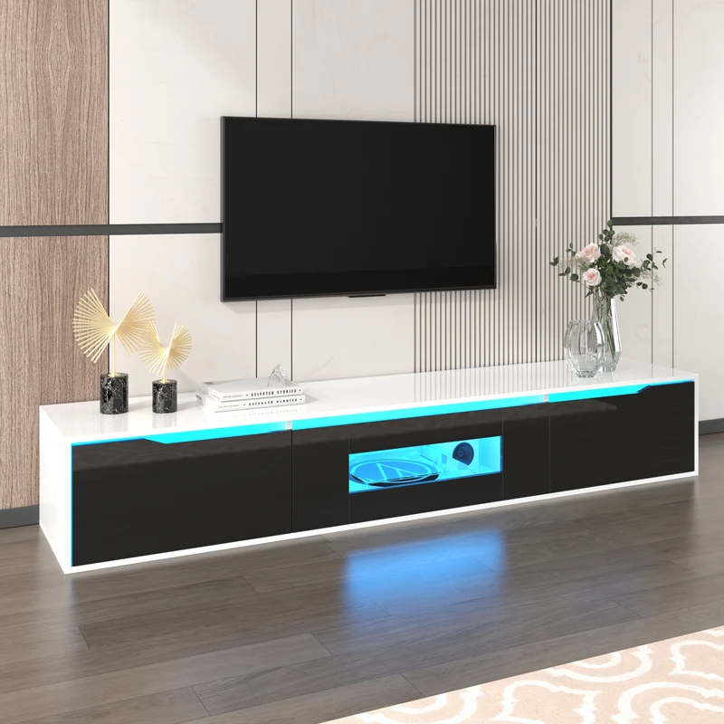 Meuble TV haute brillance noir et blanc avec éclairage LED à couleur changeante portes Push-to-Open 180*30 GOKAINS