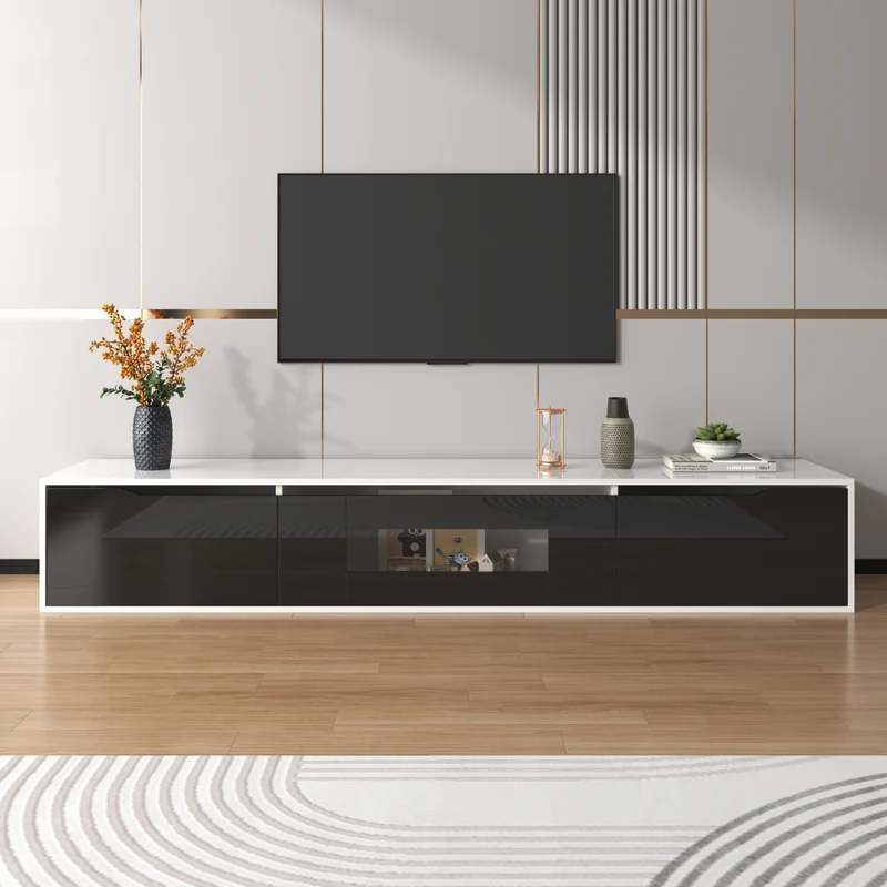 Meuble TV haute brillance noir et blanc avec éclairage LED à couleur changeante portes Push-to-Open 180*30 GOKAINS